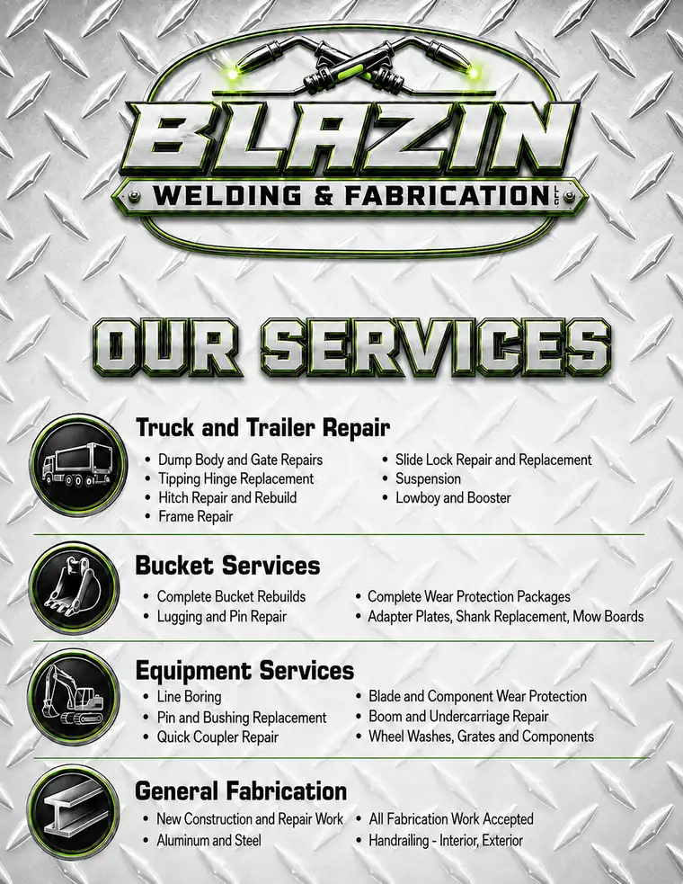 Blazin Welding and Fabrication service overview, including truck and trailer repair, bucket services, equipment services, and general fabrication